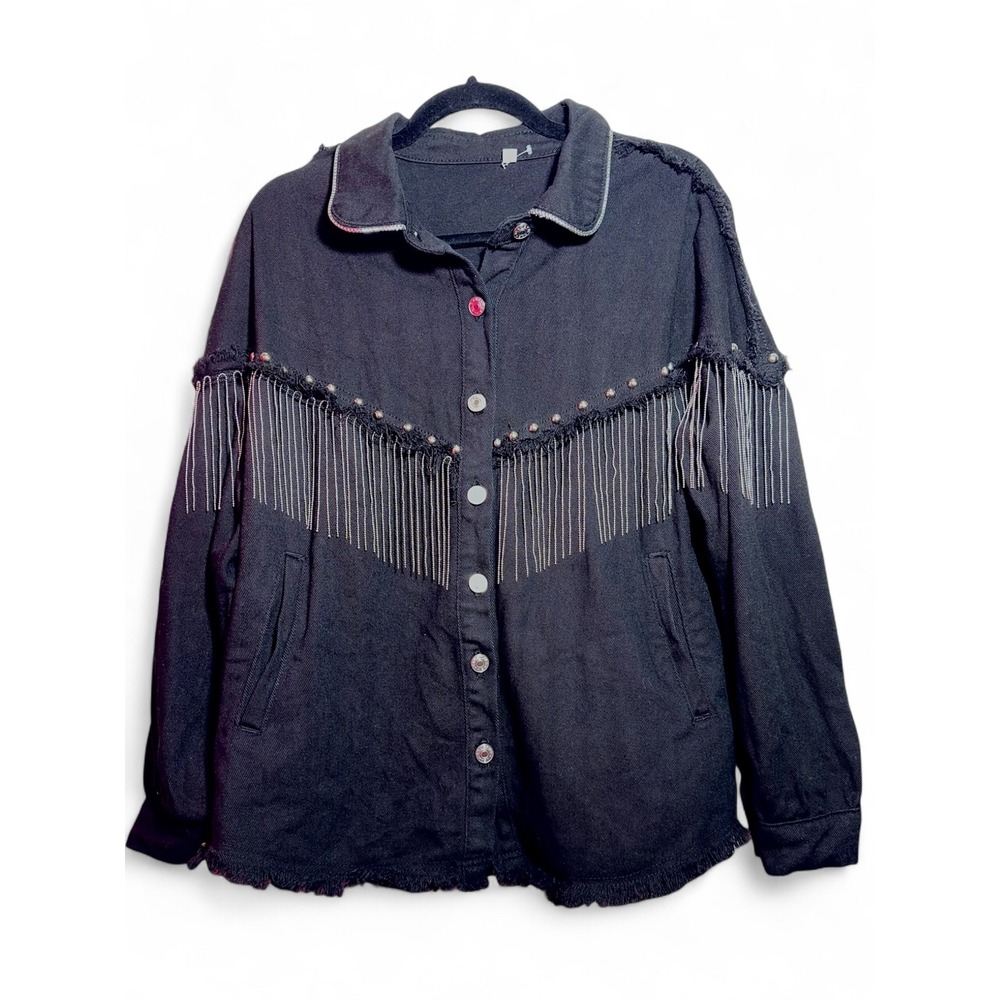 Black Denim Fringe Jacket Studded Western‎ Boho Festival Raw Hem S